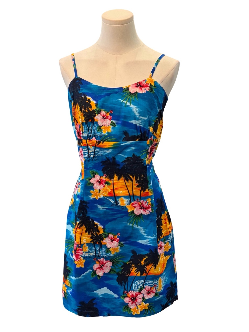 Blue Hawaiian Tropical Floral Mini Dress by Pacific Legend Made in Hawaii Small - Picture 2 of 5